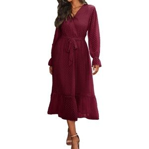 EUC Women's Long Sleeve V-Neck Swiss Dot Dress with Belt, Size Small